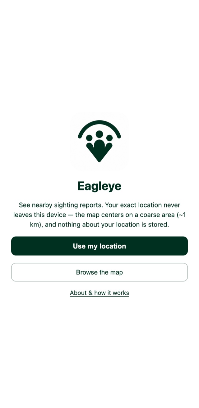 Eagleye — privacy-first landing screen