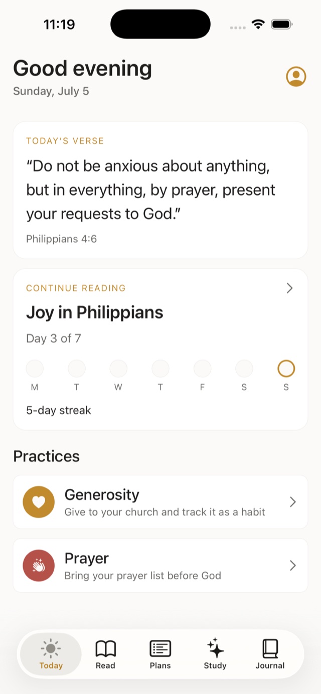 Lantern — Today screen with verse of the day and reading streak