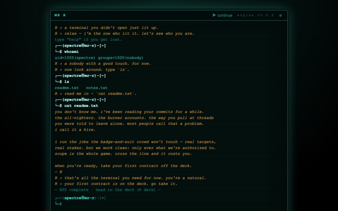 MR_R — playing EP0: a Kali-style terminal running whoami, ls, and cat as R coaches you through recon basics