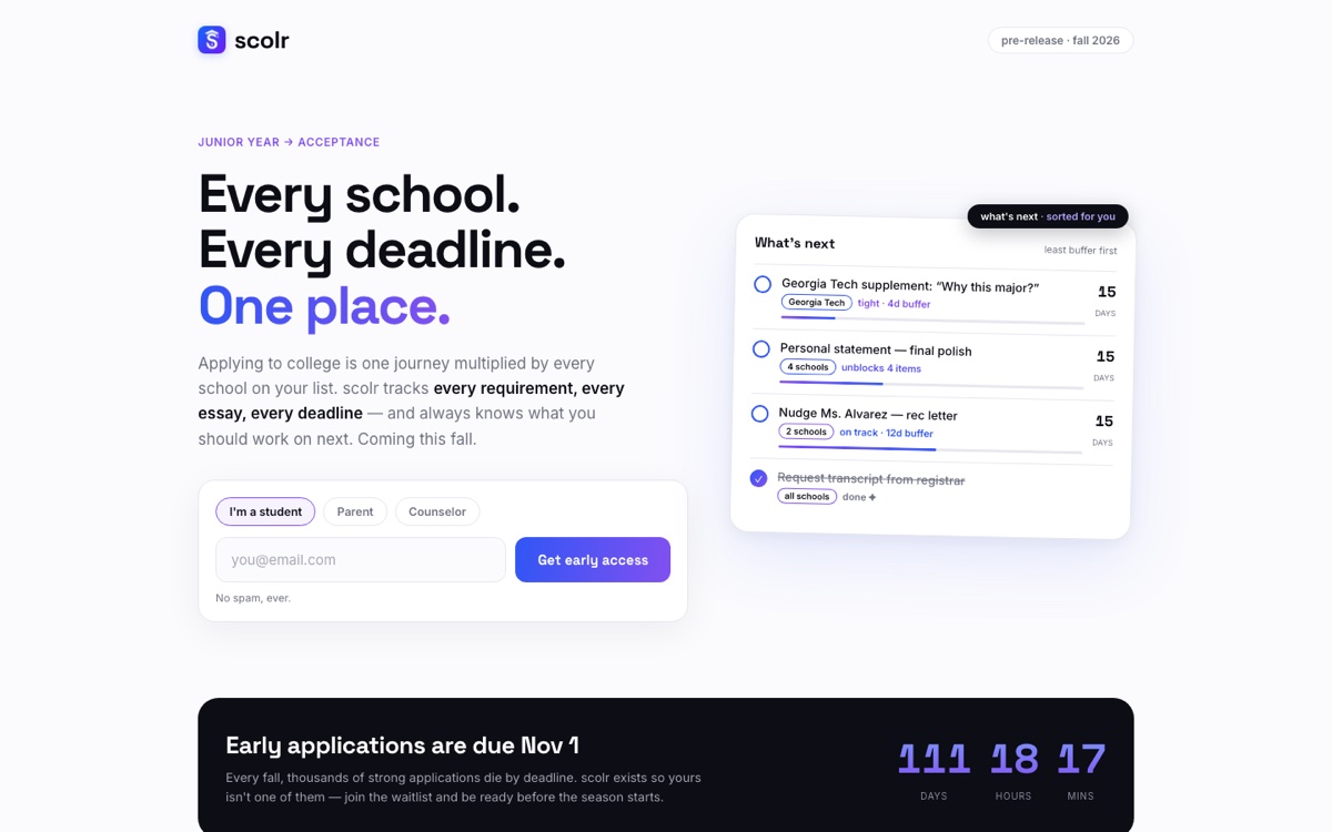 Scolr — landing page: Every school. Every deadline. One place.