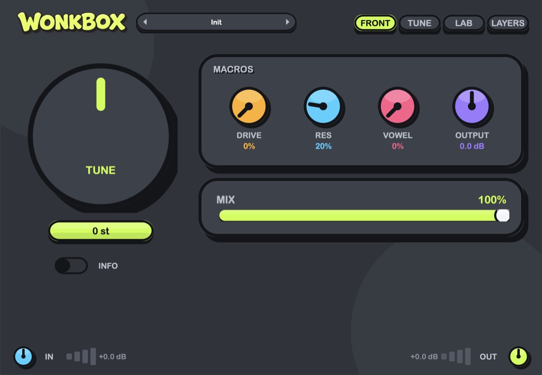 Wonkbox plugin UI — Tune knob, Drive/Res/Vowel/Output macros, Mix slider